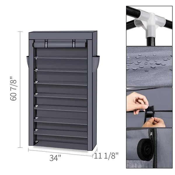 10-Tier Shoe Rack with Dustproof Cover | Grey | Holds up to 27 Pairs of Shoes