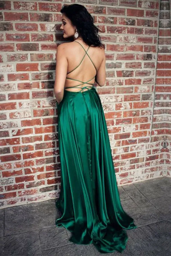 A Line Green Straps Criss Cross Back Long Prom Dress with Pockets OKI62