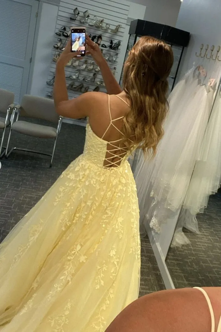 A-Line Spaghetti Straps Tulle Long Prom Dress With Appliques YZ211052