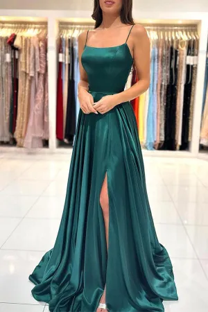 A-line Square Neckline Straps Sweep Train Prom Dress With Split TP1192