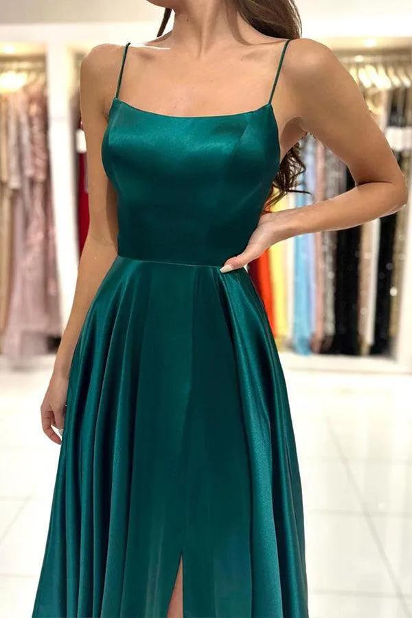 A-line Square Neckline Straps Sweep Train Prom Dress With Split TP1192