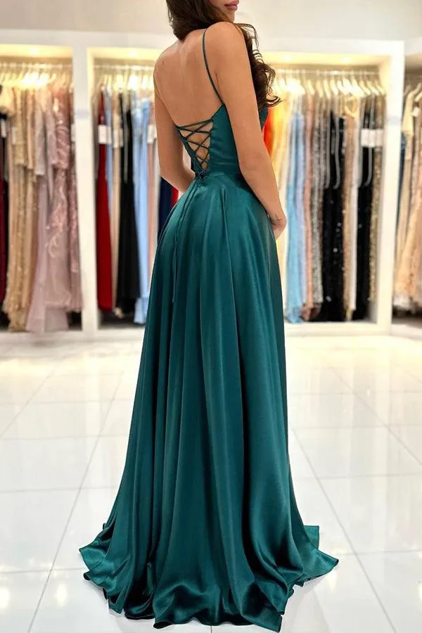 A-line Square Neckline Straps Sweep Train Prom Dress With Split TP1192