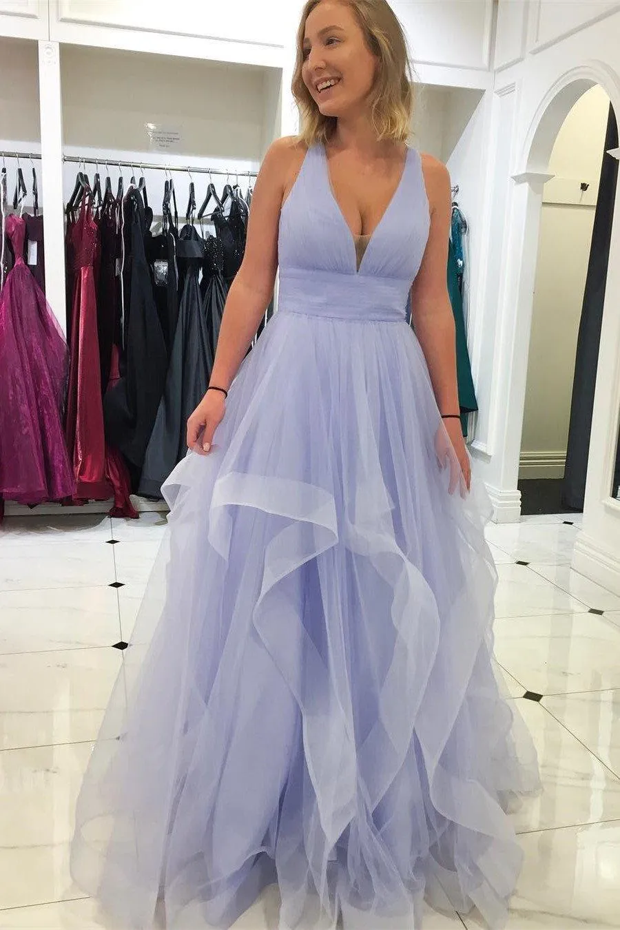 A-line Tulle Pink Ruffled Long Prom Dress with Cross Back TP0998