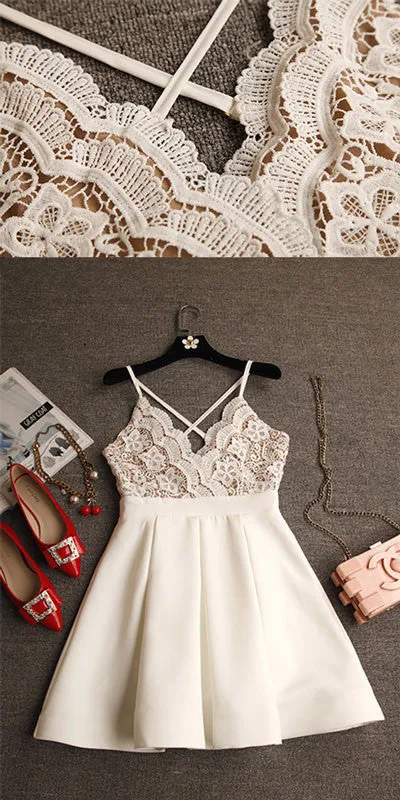 A-Line V-Neck Criss-Cross Straps Short Ivory Homecoming Dresses with Lace Top OK324