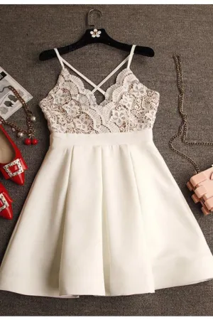 A-Line V-Neck Criss-Cross Straps Short Ivory Homecoming Dresses with Lace Top OK324