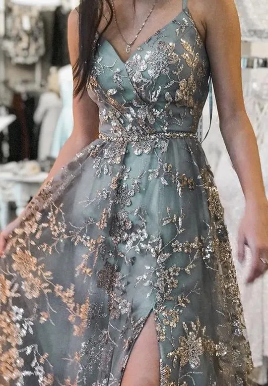 A-line V Neck Spaghetti Strap Long Prom Dresses With Lace,Evening Dresses YZ211013