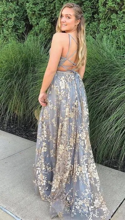 A-line V Neck Spaghetti Strap Long Prom Dresses With Lace,Evening Dresses YZ211013
