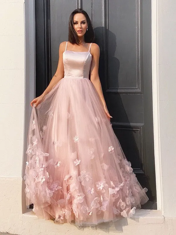 A-Line/Princess Tulle Flower Straps Floor-Length Sleeveless Dresses KF4196