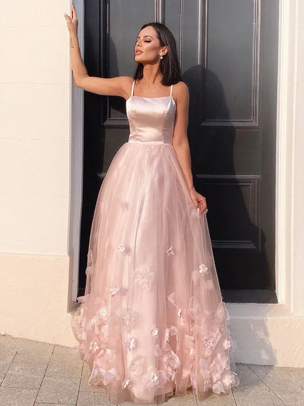 A-Line/Princess Tulle Flower Straps Floor-Length Sleeveless Dresses KF4196