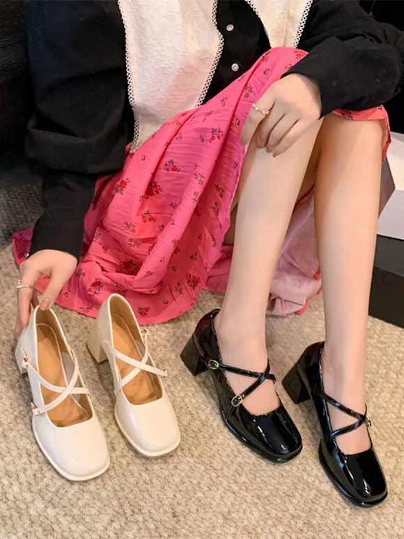 Academic Lolita Footwear Black Criss-Cross PU Leather Chunky Heel Lolita Pumps