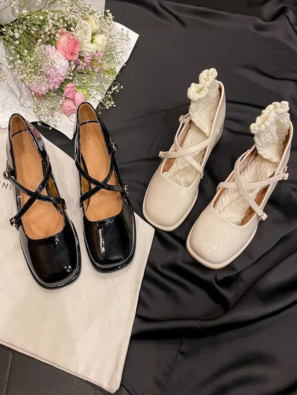 Academic Lolita Footwear Black Criss-Cross PU Leather Chunky Heel Lolita Pumps