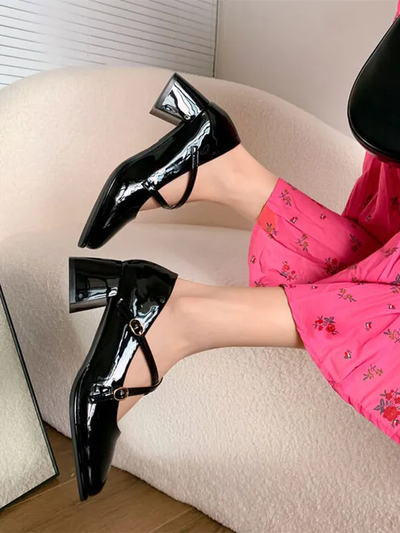 Academic Lolita Footwear Black Criss-Cross PU Leather Chunky Heel Lolita Pumps