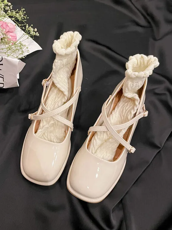 Academic Lolita Footwear Black Criss-Cross PU Leather Chunky Heel Lolita Pumps