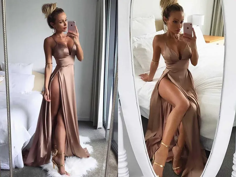 Anneprom Brown Satin Thigh High Slit Deep V Neck Spaghetti Straps Long A Line Prom Dresses APP0508