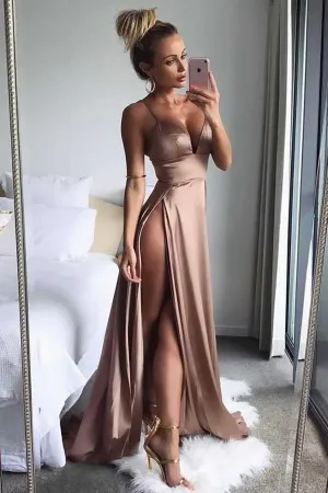 Anneprom Brown Satin Thigh High Slit Deep V Neck Spaghetti Straps Long A Line Prom Dresses APP0508