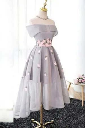Anneprom Off-The-Shoulder High Low Grey Tulle Homecoming Draess With Appliques APP0309
