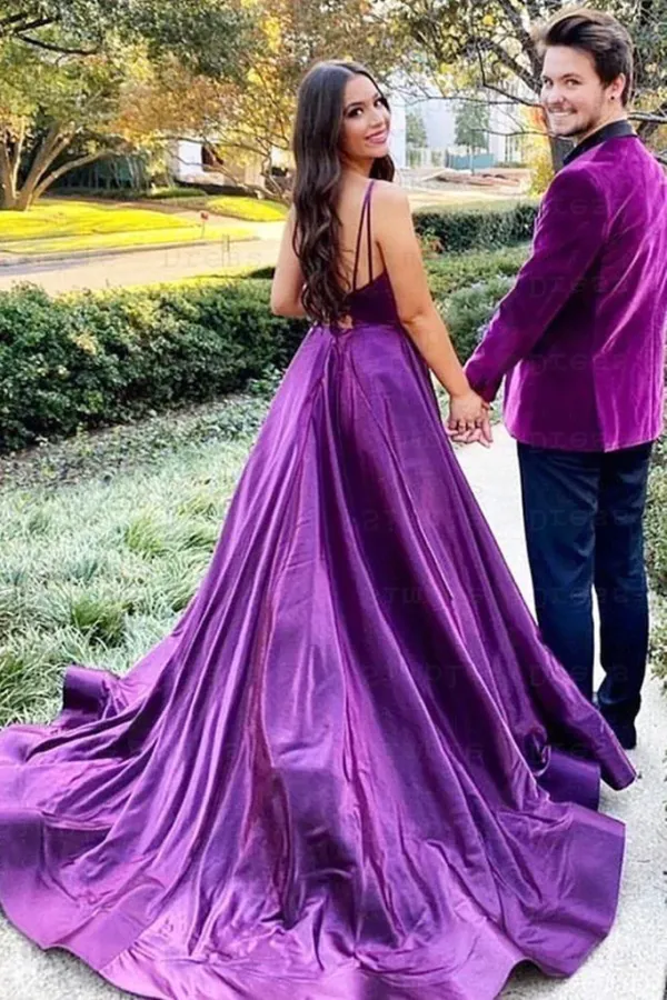 Anneprom V Neck Backless Purple Satin Long Prom Dress with High Slit APP0682