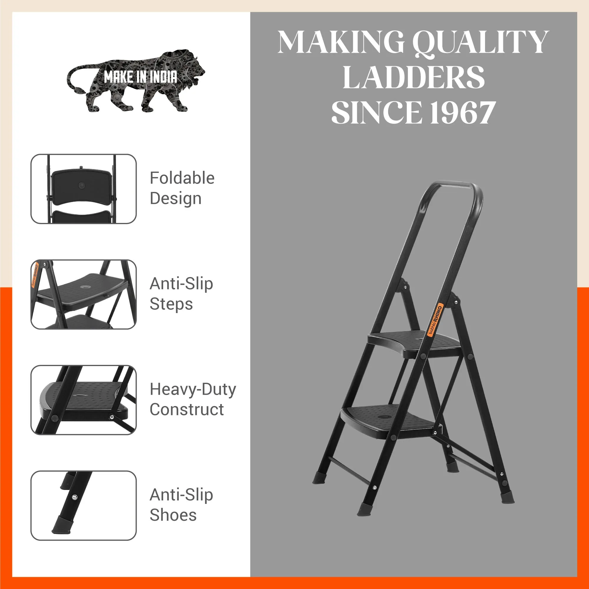 Bathla Boost Rhino 2 - Step Foldable Steel Ladder For Home (Black   Black)