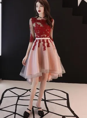 Beautiful 1/2 Sleeves High Low Red Lace Party Dress, Short Prom Dress