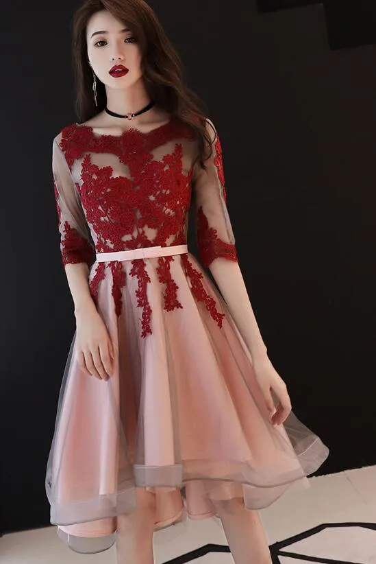 Beautiful 1/2 Sleeves High Low Red Lace Party Dress, Short Prom Dress