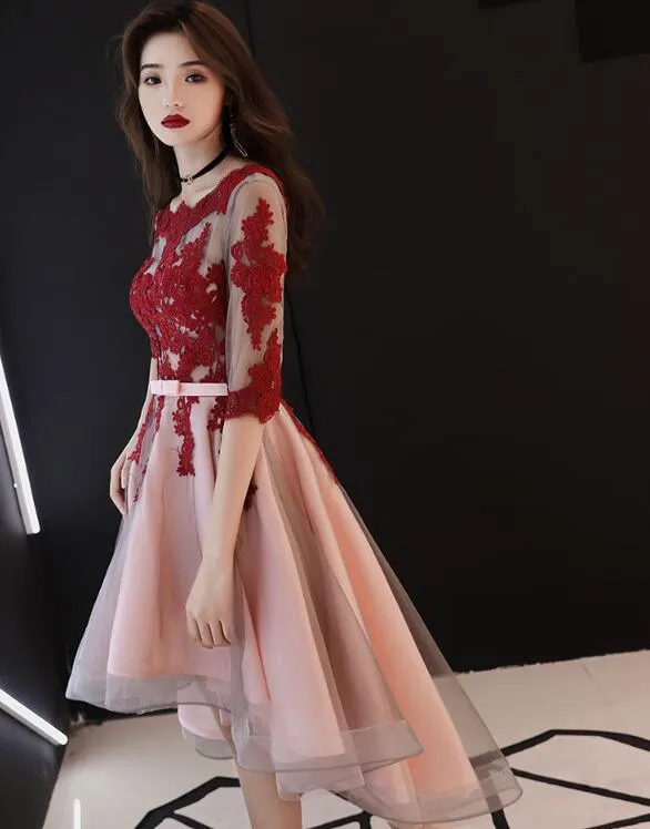 Beautiful 1/2 Sleeves High Low Red Lace Party Dress, Short Prom Dress
