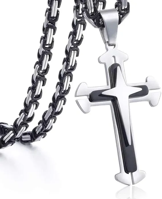 Black & Silver Cross Necklace For Men