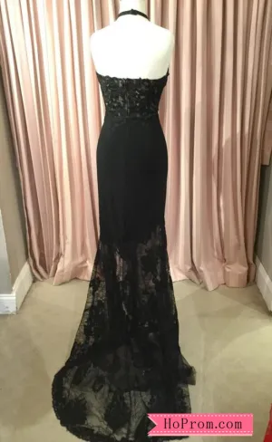 Black High Halter Neckline Open Back Fitted Bodice with Sheer Lace Embellishments