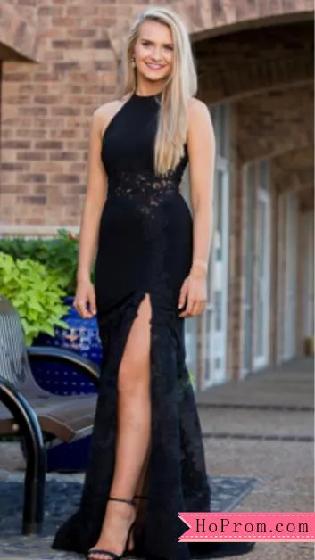 Black High Halter Neckline Open Back Fitted Bodice with Sheer Lace Embellishments