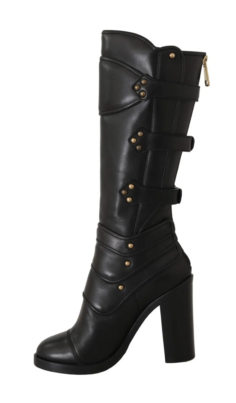 Black Leather Mid Calf Biker Boots