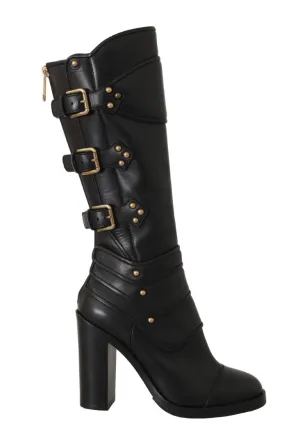 Black Leather Mid Calf Biker Boots