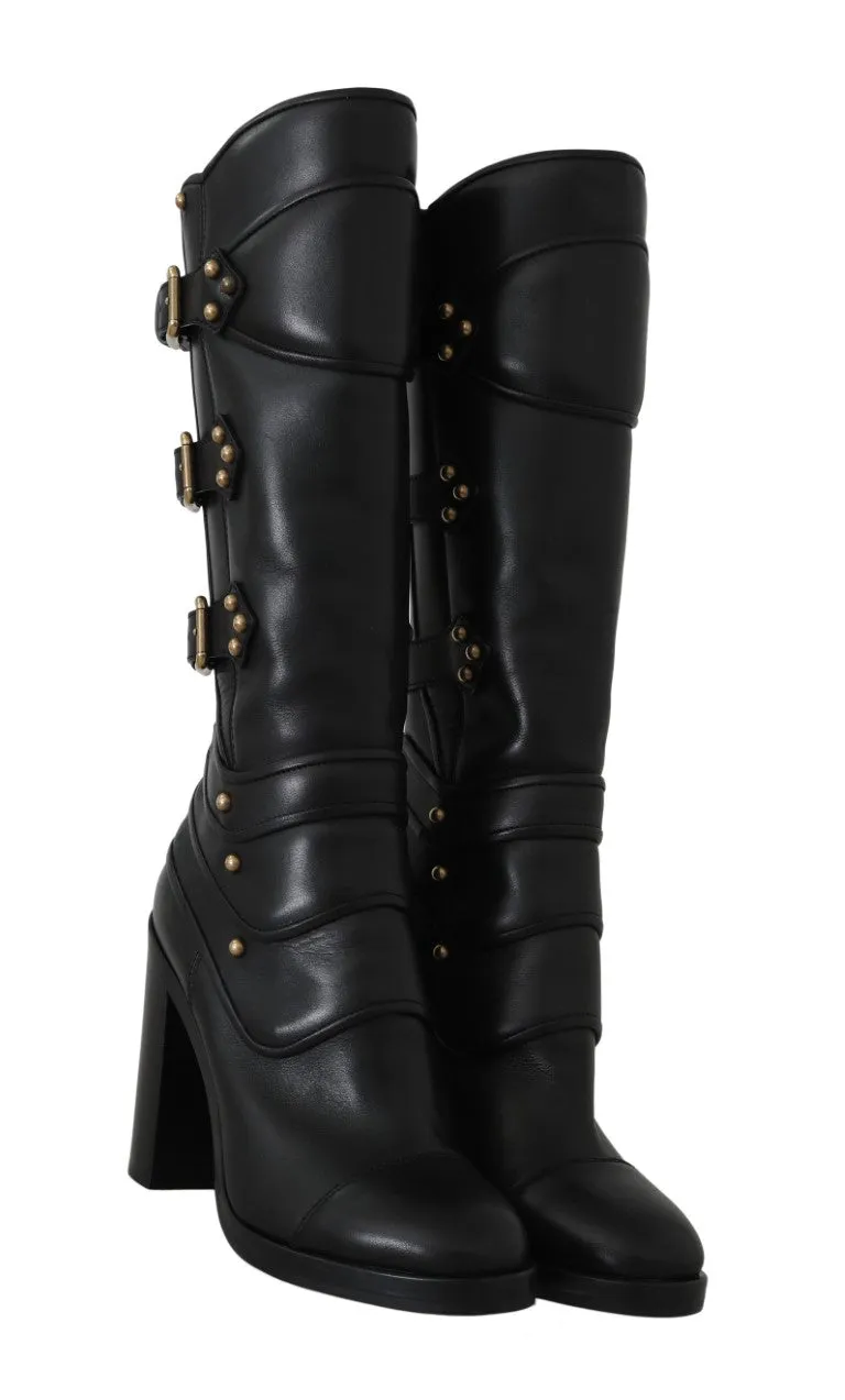 Black Leather Mid Calf Biker Boots