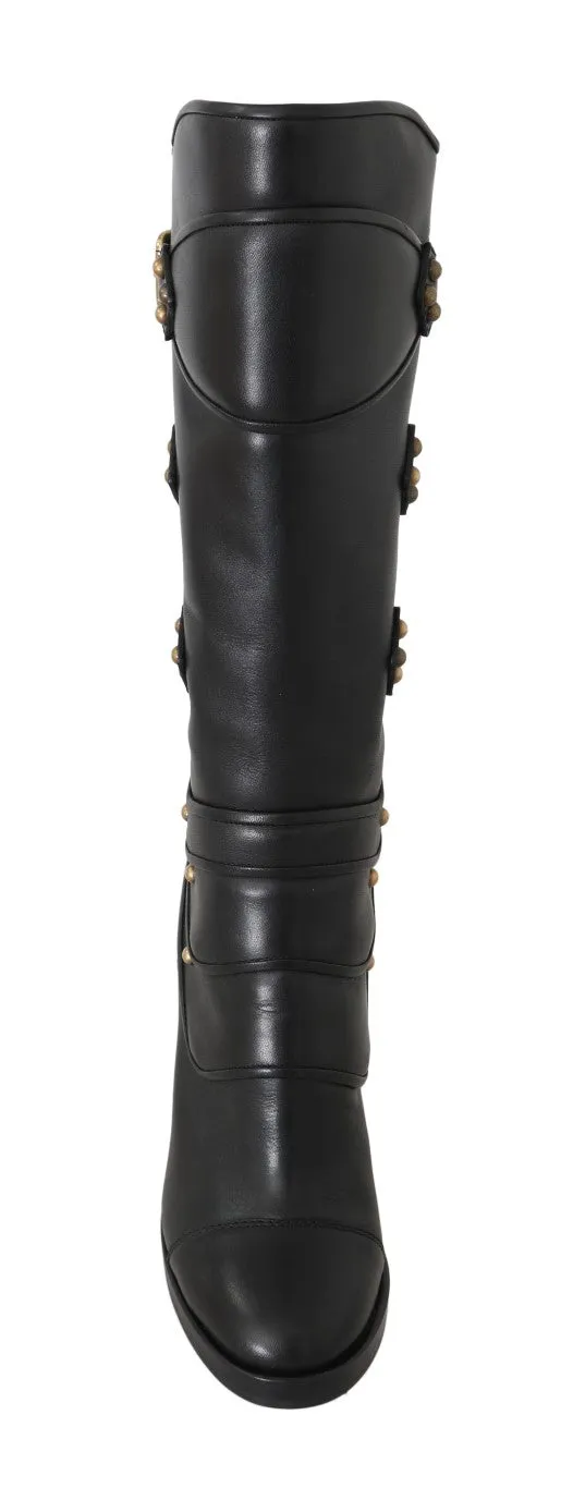 Black Leather Mid Calf Biker Boots