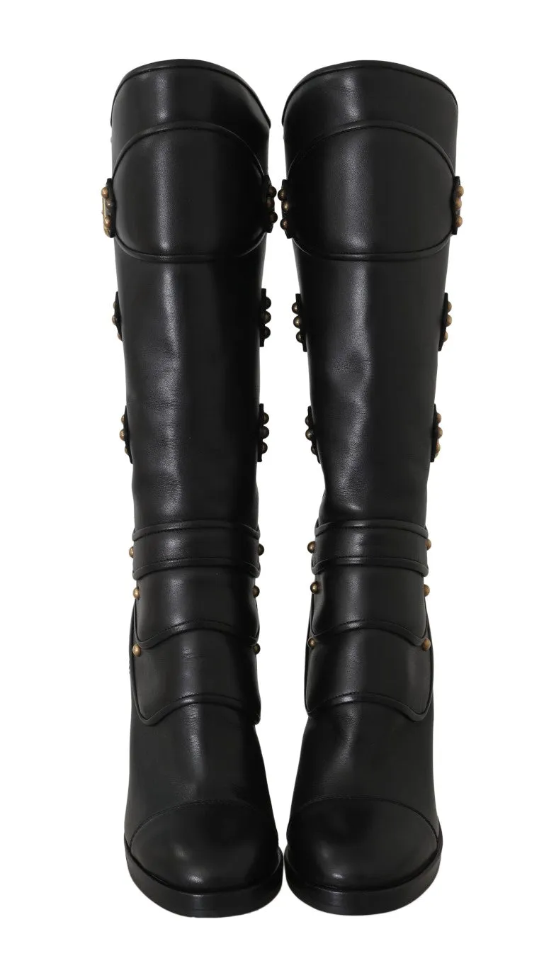 Black Leather Mid Calf Biker Boots