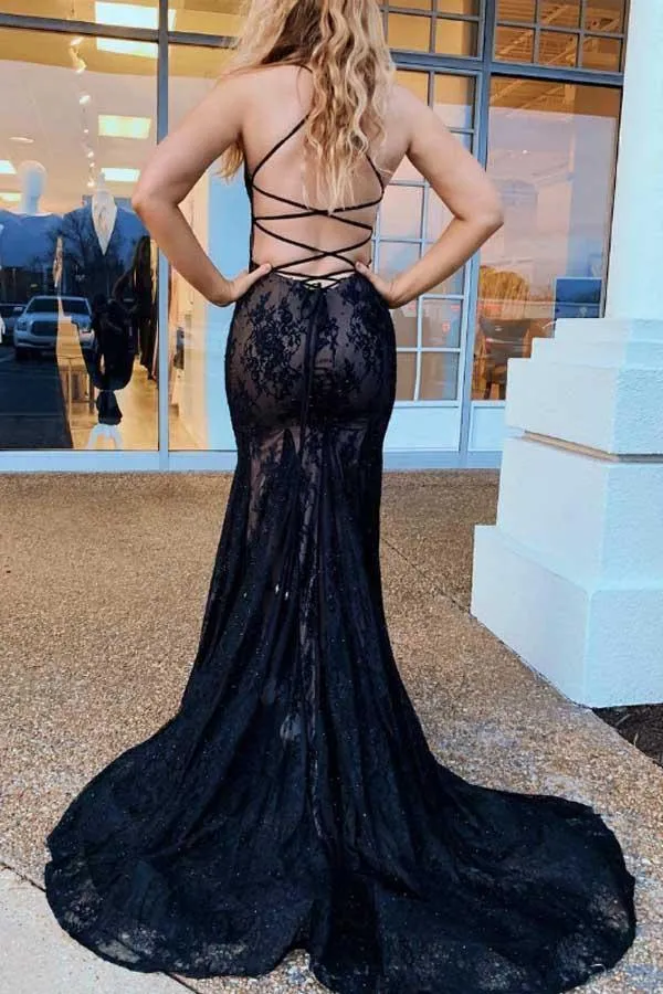 Black Mermaid Lace Spaghetti Straps Cross Straps Back Prom Dress PG924