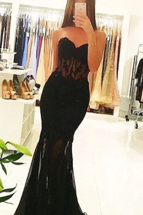 Black Sweetheart Mermaid Sexy Lace Prom Dress,Long Black Evening Dress OK174