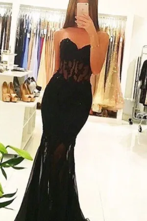 Black Sweetheart Mermaid Sexy Lace Prom Dress,Long Black Evening Dress OK174