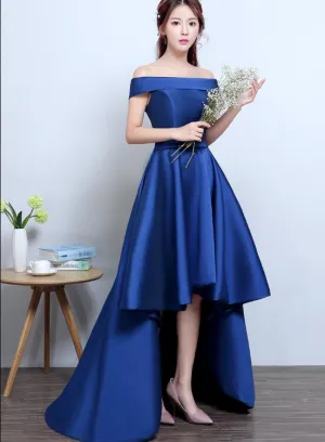 Blue High Low Homecoming Dress, Simple Satin Lace-up Formal Dress
