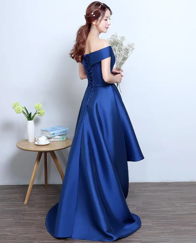Blue High Low Homecoming Dress, Simple Satin Lace-up Formal Dress