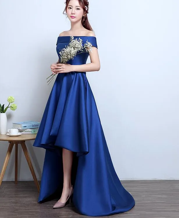 Blue High Low Homecoming Dress, Simple Satin Lace-up Formal Dress