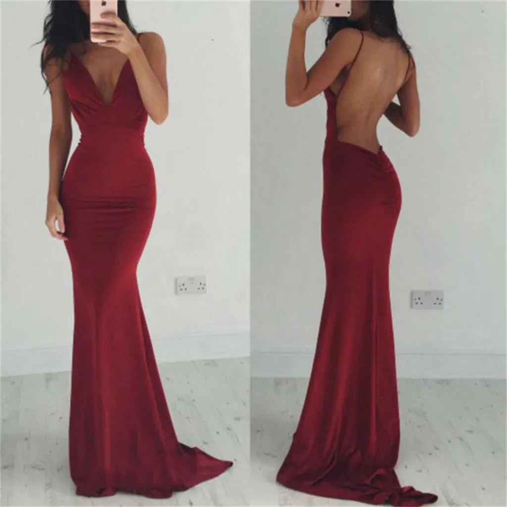 Burgundy Backless V-neck Sexy Mermaid Spaghetti Straps Cocktail Affordable Prom Dress PD0161