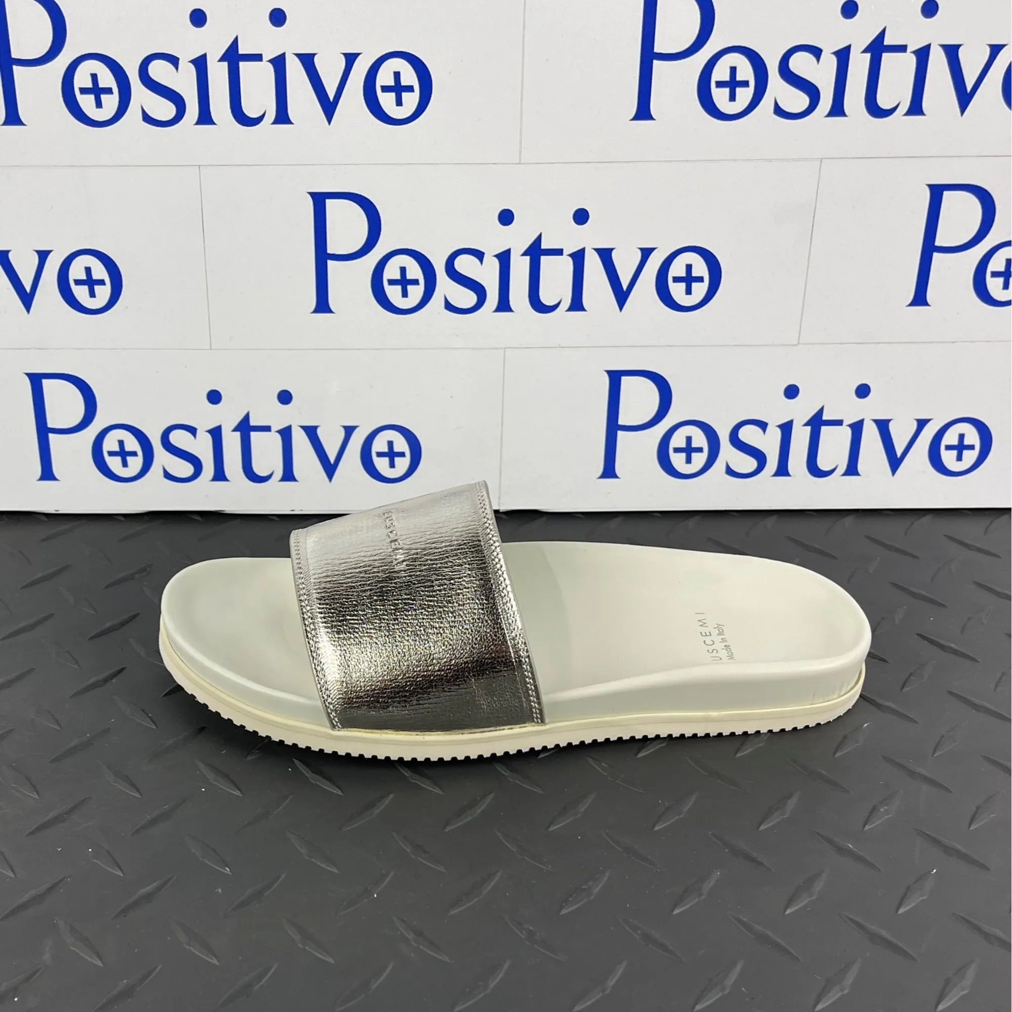 Buscemi Womens Metallic Silver Leather Slides