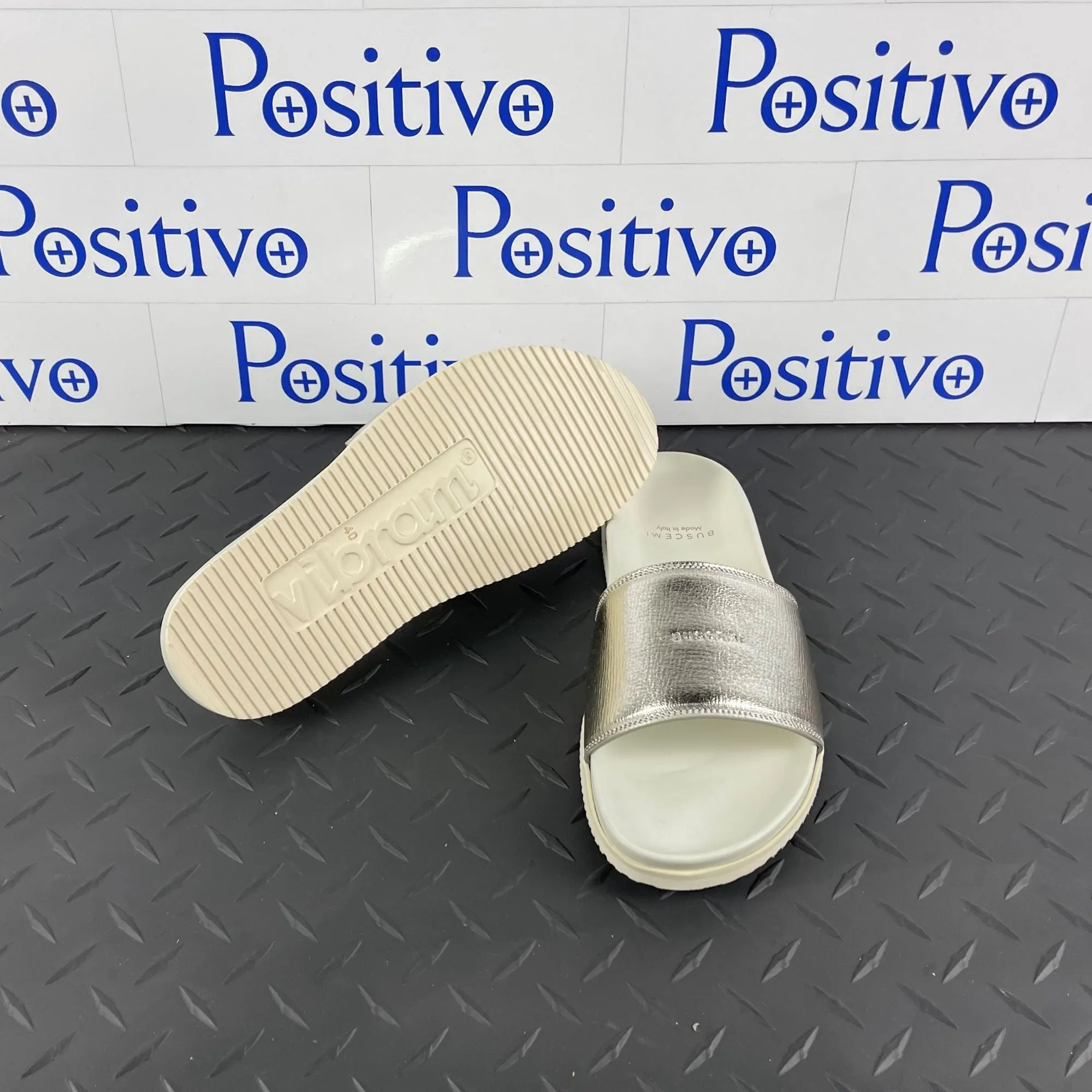 Buscemi Womens Metallic Silver Leather Slides