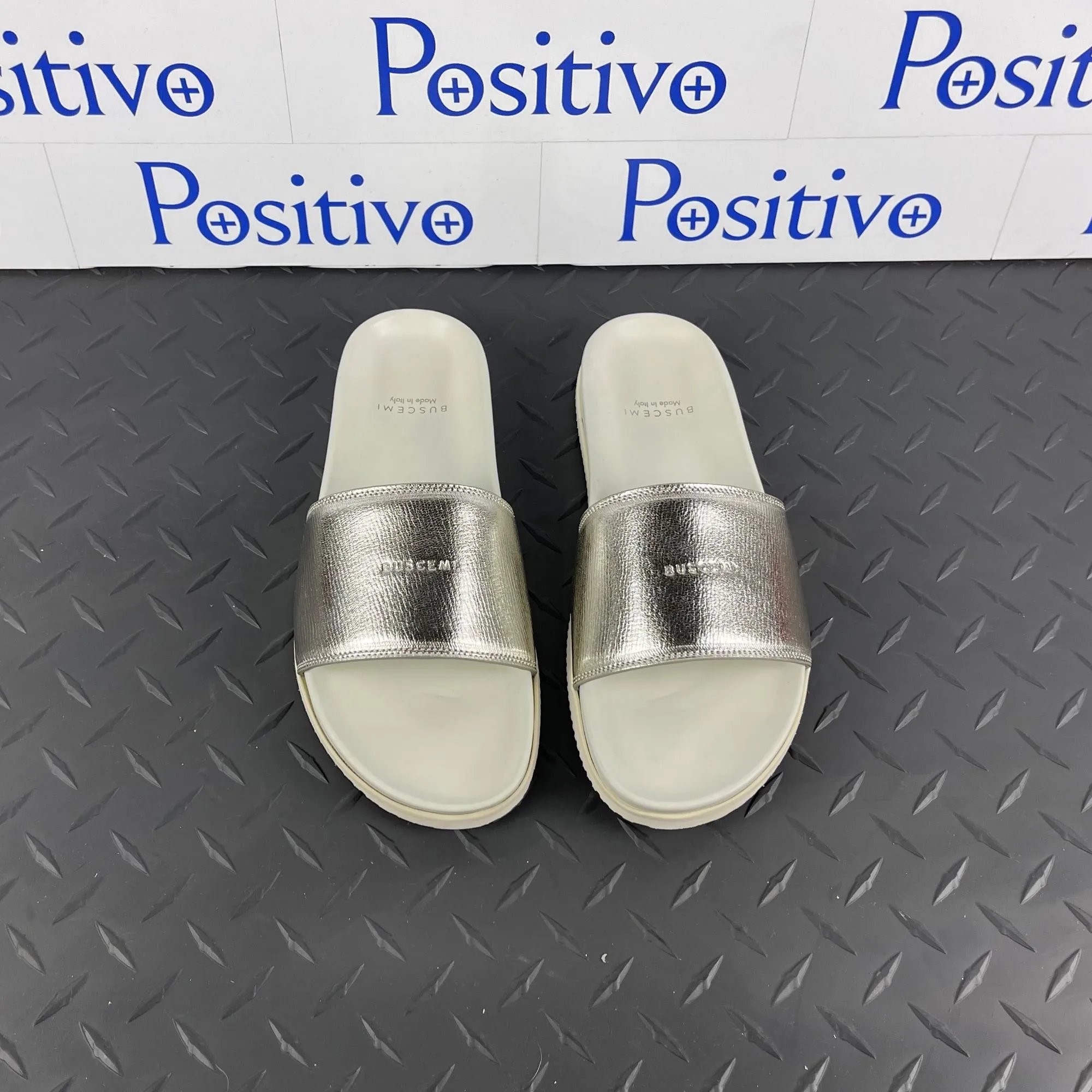 Buscemi Womens Metallic Silver Leather Slides