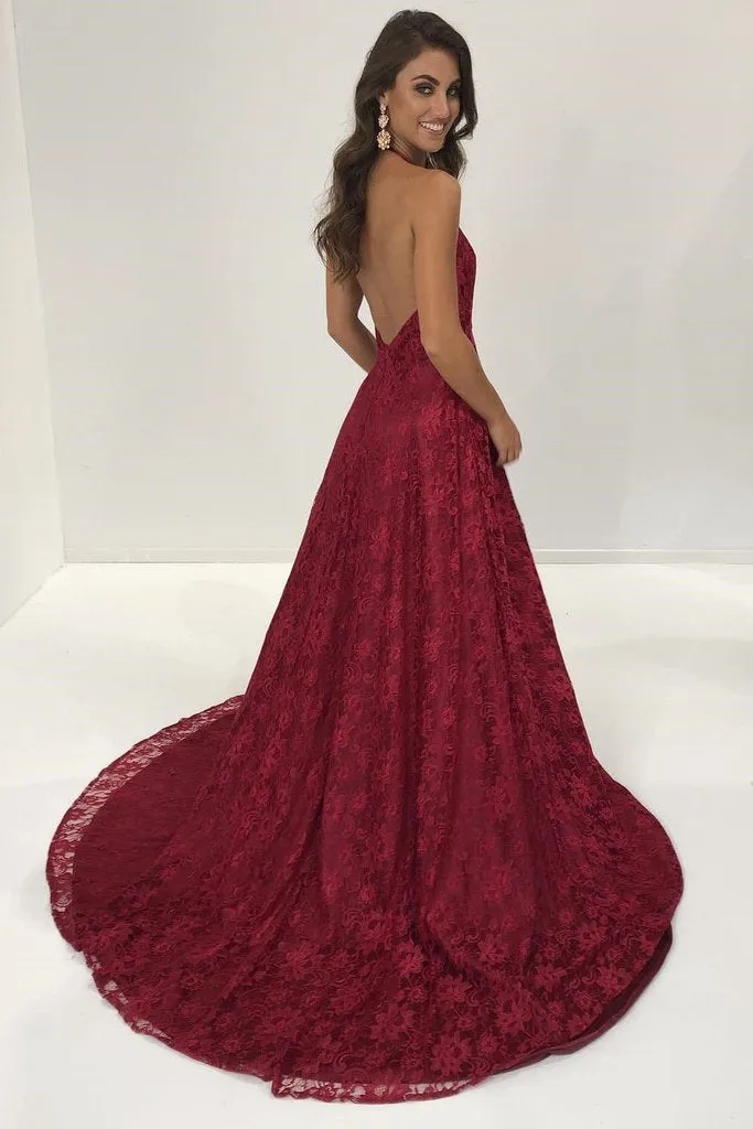 Charming A-Line Halter Split Front Burgundy Lace Long Prom/Evening/Bridesmaid Dress