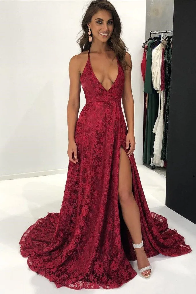 Charming A-Line Halter Split Front Burgundy Lace Long Prom/Evening/Bridesmaid Dress