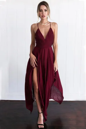 Chiffon Spaghetti Straps V Neck Cross Back Burgundy Assymetrical Hem Long Prom Evening Dress OK629