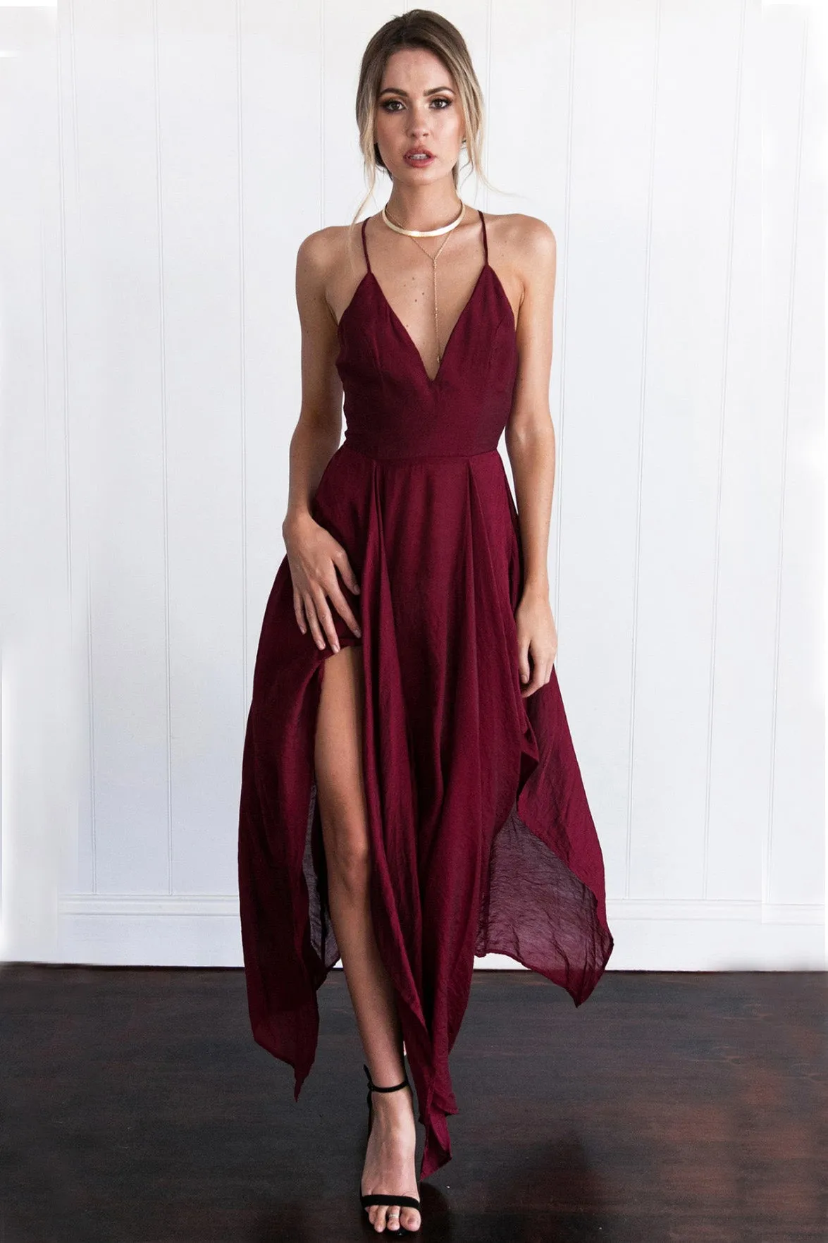 Chiffon Spaghetti Straps V Neck Cross Back Burgundy Assymetrical Hem Long Prom Evening Dress OK629