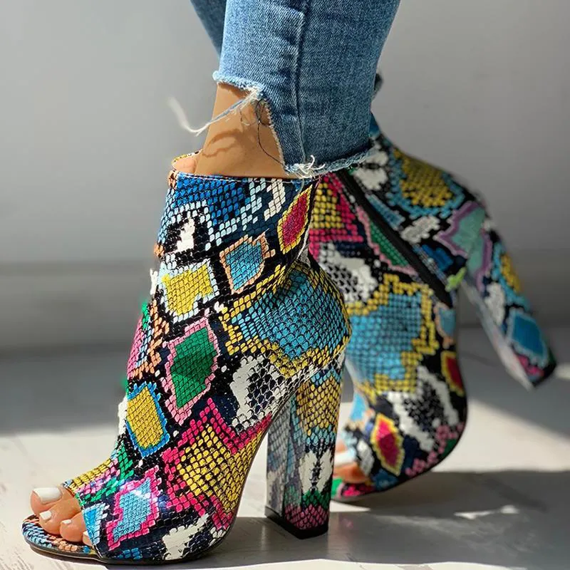 Colorful Snakeskin Chunky Heeled Boots