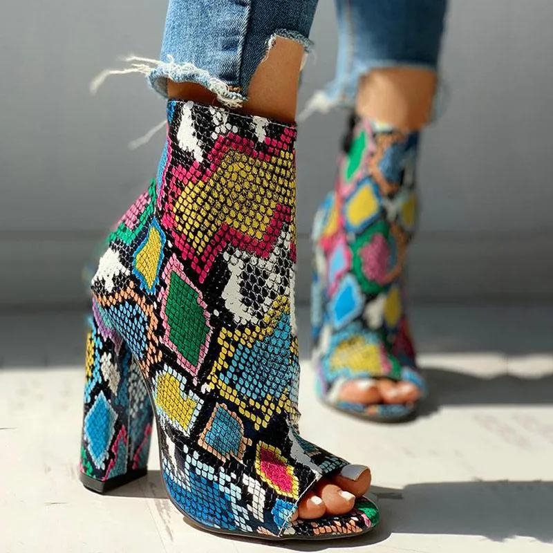 Colorful Snakeskin Chunky Heeled Boots