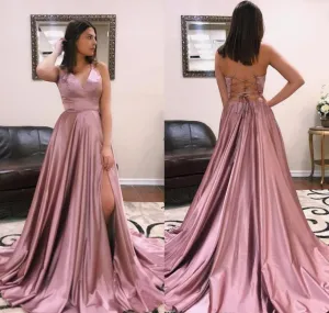 Cross Back Sweep Train Sexy Prom Dresses Modest V Neck Formal Evening Dress